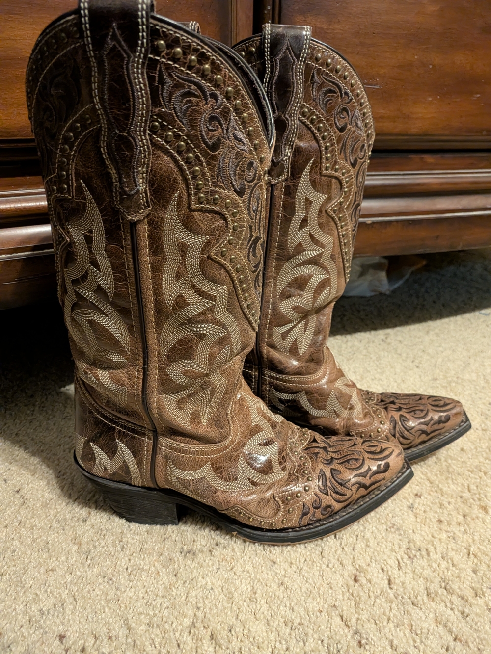 Laredo Braylynn Brown Embroidered Studded Western Cowboy Cowgirl Boots